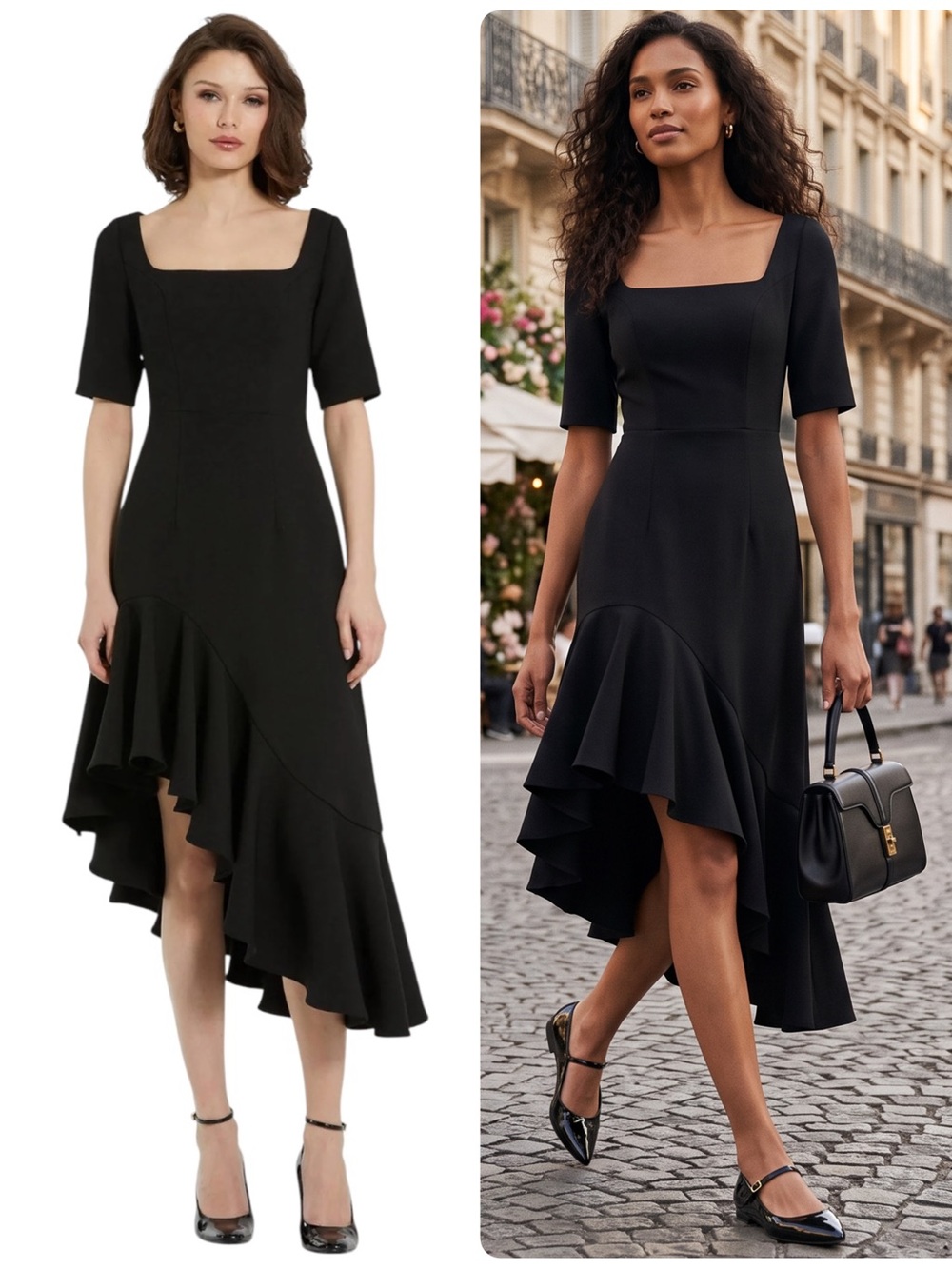 Mac Duggal Black Square-Neck Ruffled Asymmetric Hem Midi Dress 21019 NWT $358